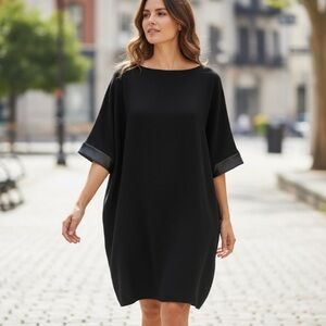 Cotelac Black Shift Dress Oversized Fluid Crepe Satin Sleeve Accent Size M